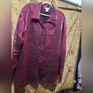 🥂Y2K Burgandy Iredescent L/S Button Dress Shirt Size 18W by Notations Woman EUC